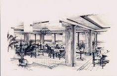 a drawing of a dining room with chandelier and chairs