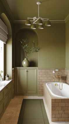 a bath room with a large tub and a plant on the counter next to it