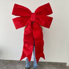 a person standing in front of a white wall with a red bow on it's back