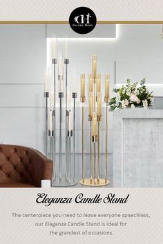 Table top centerpiece or floor standing candle stand
Available in two colors: Gold and Silver
Available in two sizes
8 Stems: Height = 58" | Diameter = 14"
10 Stems: Height = 66" | Diameter = 16.5" Ceramic Pots, Bowl Designs, Luxury Home Decor, Interior Spaces