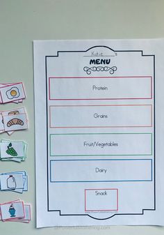 a menu is shown on top of a table with other food items and stickers