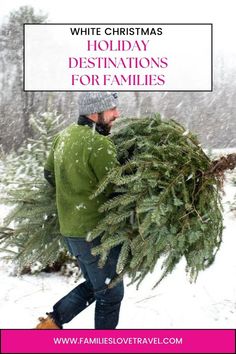 Man in green fleece and beanie at snowy Christmas tree farm carrying a freshly cut Christmas tree White Mountains, Snowy Mountains