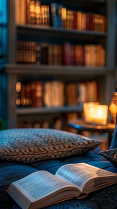 an open book sitting on top of a blue couch next to a lamp and bookshelf