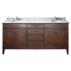 a double sink vanity with marble top and two faucets on the sideboard