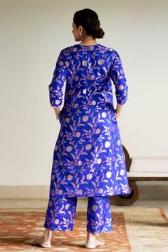 Blue handwoven straight kurta with brocade floral jaal detail. Paired with a coordinating straight pant and a hand embroidered dupatta. - Aza Fashions Traditional Straight Kurta Palazzo Set In Brocade, Traditional Brocade Palazzo Set With Straight Kurta, Designer Brocade Palazzo Set With Straight Kurta, Diwali Brocade Palazzo Set With Straight Kurta, Festival Straight Kurta Brocade Palazzo Set, Traditional Wear With Gota Work In Brocade, Brocade Traditional Wear With Gota Work, Festival Brocade Palazzo Set With Straight Kurta, Blue Brocade Sets For Reception