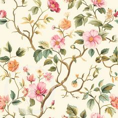 a floral wallpaper with pink flowers and green leaves