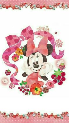 a minnie mouse with flowers and hearts on it's face, surrounded by pink polka dots