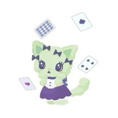 a cartoon cat sitting on the ground surrounded by playing cards