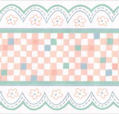 a checkered table cloth with flowers and leaves on the border in pastel colors