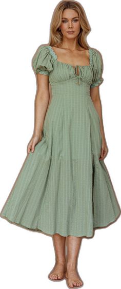 Green Midi Dress For Picnic, Green Puff Sleeve Midi Dress For Vacation, Day Out Maxi Dress With Puff Sleeves And Ruffles, Ruffled Midi Dress For Picnic, Vacation Midi Length Puff Sleeve Dress With Gathered Sleeves, Knee-length Ruffled Midi Dress For Picnic, Green Midi-length Puff Sleeve Dress With Ruffles, Dress Sage, Puff Sleeve Midi Dress