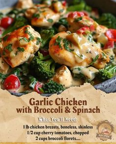 an advertisement for garlic chicken with broccoli and spinach