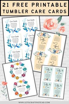 two free printable tumbler care cards with flowers and leaves on them, one for each