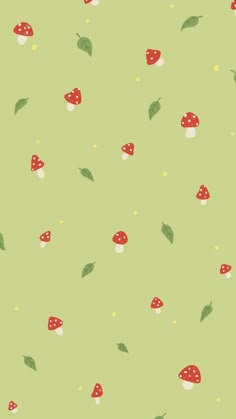 a green background with red mushrooms and leaves on it's sides, all in different colors