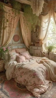 a bed sitting in a bedroom next to a window filled with curtains and flowers on top of it