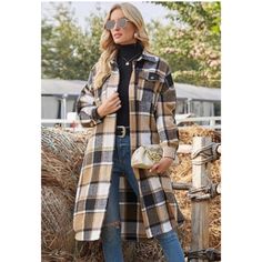 The Perfect Fall/Winter Jacket! ~Great For Mild Winter Days ~Pair W/A Heavy Sweater, Scarf, Hat, & Gloves For Colder Days ~Cream, Tan, & Black Plaid Knit Pattern ~Long Plaid Coat Jacket ~Front Patch Pockets ~Long Sleeves Category Women Jackets & Coats Trench Coats Plaid Jacket Women, Plaid Coat, Woolen Coat, Plaid Jacket, Winter Coats Women, Wool Plaid, Long Coat, Wool Coat, Black And Tan