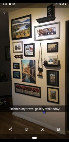 a wall with many pictures on it and the words finished my travel gallery wall today