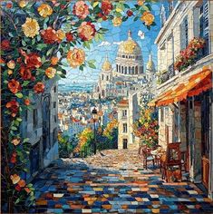 a painting of a city street with flowers on it