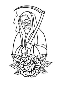 a drawing of a skeleton holding a sceptacle in front of flowers and leaves