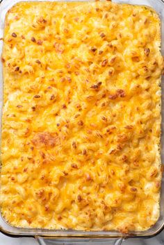 baked macaroni and cheese in a casserole dish