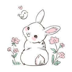 a drawing of a rabbit sitting on the ground with flowers and a bird flying above it