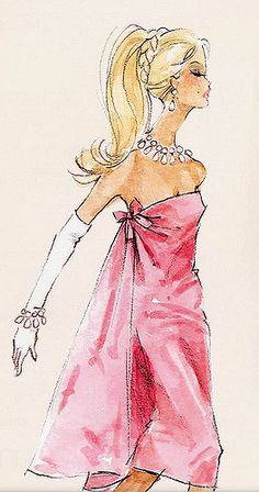 a drawing of a woman in a pink dress and white gloves with her hand on her hip