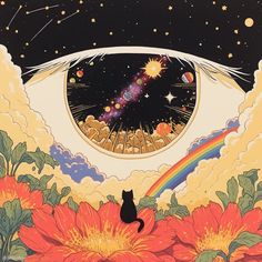 a cat sitting on top of a flower under a sky filled with stars and planets