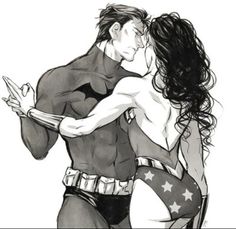 a black and white drawing of two people dressed as batman and wonder woman kissing each other