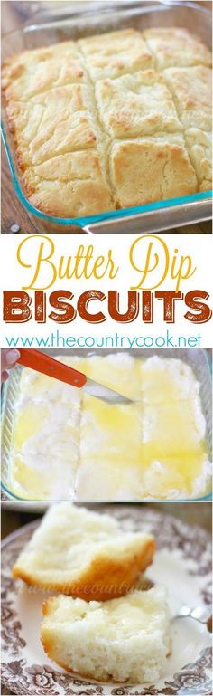 butter dip biscuits on a plate and in a glass baking dish with a spatula