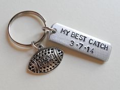 This listing is for one keychain. Customize this keychain tag with a short saying and date of significance to you. I can stamp MY BEST CATCH or A Gifts For Boyfriend Football, Football Boyfriend Gifts, Football Keychain, Couples Keychain, Customized Keychain, Anniversary Keychain, Presents For Girlfriend, Best Boyfriend Gifts, Bf Gifts