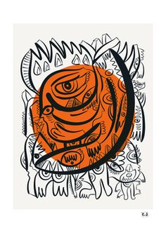 an orange and black drawing on white paper