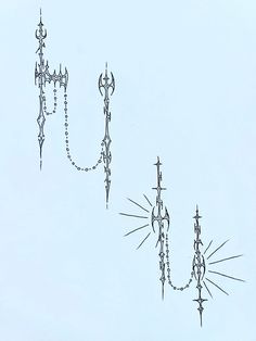 an artistic drawing of spikes and chains on a white background with the sky in the background