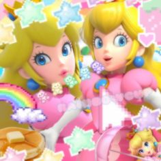 two cartoon characters standing next to each other in front of a wall with stars and rainbows on it