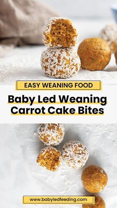 baby led weaning carrot cake bites are stacked on top of each other