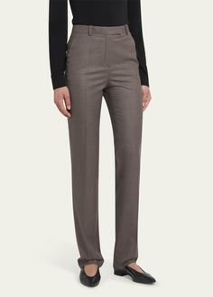 Designer Tailored Pants For Workwear, Designer Wide Leg Workwear Pants, Timeless Business Casual Pants, Designer Wide Leg Pants For Workwear, Designer Wide Leg Pants For Formal Occasions, Elegant Tailored Brown Bottoms, Elegant Brown Straight Leg Dress Pants, Elegant Brown Leather Pants, Designer Trousers For Work