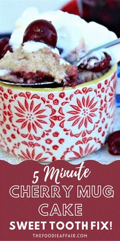 a close up of a bowl of cake with cherries and whipped cream on top