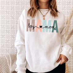 Boy Mom Sweatshirt – Wildflower Clothing Co Cute Sweatshirt Designs Vinyl, Viynal Design Ideas Shirt, Boy Mom Sweater, Mothers Day Sweatshirt, Boy Mom Shirt Ideas, Mom And Dad Sweatshirts, Printed T Shirts Ideas Women, Mom Cricut Shirts, Mom Sweatshirt Ideas