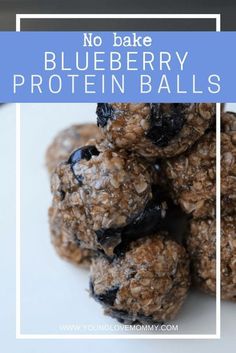 no bake blueberry protein balls stacked on top of each other with text overlay