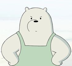 a polar bear wearing an apron standing in the snow with his hands on his hips