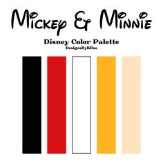 the mickey and minnie color palette is shown in black, white, red, yellow and orange