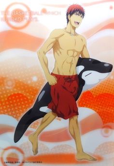 an anime character with red shorts holding a black and white orca in his right hand