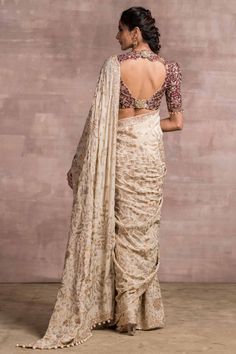 Buy Ivory embroidered printed sari & maroon blouse -Designer Wear - Ensemble Ivory Saree, Maroon Blouse, Indian Saree Blouse, Indian Saree Blouses Designs, White Saree, Elegant Blouse Designs, Tarun Tahiliani