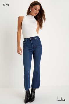 Dare to add just a dash of sass to your closet with the Just Black Stylish Flair Dark Wash Denim High-Rise Flare Jeans! These must-have jeans are composed of stretchy denim that shapes a high-waisted fit with belt loops, a five-pocket cut, and a hidden zipper fly with a top button closure. The slim pant legs fall to trendy, flaring raw-cut hems. Pair with a white tee or elevate your look with a cute sweater top. Fit: This garment fits true to size. Length: Ankle length. Size 28 Inseam: 26.75 Fro Dark Wash Flare Jeans, High Rise Flare Jeans, Just Black, Lulu Fashion, Dark Wash Denim, Cute Sweaters, Slim Pants, White Tee, Hidden Zipper