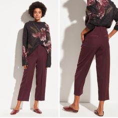 Nwt Vince Pleated High Rise Straight Wide Leg Pant Dahlia Wine, Size 4 - 100% Polyester - New With Tags, No Flaws Ponte Leggings, Blue Trousers, Stretchy Pants, Black Trousers, Career Dress, Wide Leg Pant, Purple Fashion, Dress Trousers, Pull On Pants