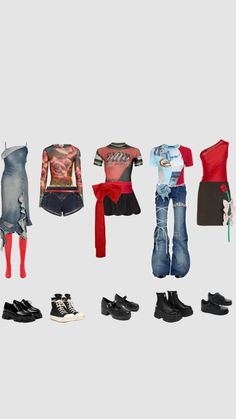 an assortment of clothes and shoes are arranged in the shape of four different figures, including one woman's body