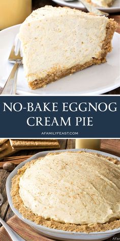 no - bake eggnog creme pie on a white plate