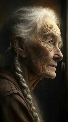 an old woman with white hair and braids looks out the window at something outside