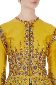 Shop for Joy Mitra Yellow Chanderi Jacket And Lehenga Set for Women Online at Aza Fashions Anarkali-style Embellished Sherwani With Traditional Drape, Anarkali Style Embellished Sherwani For Festive Occasions, Festive Anarkali Style Embellished Sherwani, Fitted Raw Silk Anarkali Set With Floral Embroidery, Anarkali Style Fitted Floor-length Sherwani, Straight Lehenga With Floral Embroidery For Festivals, Long Sleeve Lehenga With Floral Embroidery For Navratri, Fitted Raw Silk Lehenga With Straight Kurta, Anarkali Style Floral Embroidered Sherwani For Wedding