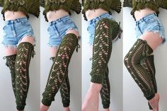 four pictures of legs with crochet laces on them and one showing the bottom part