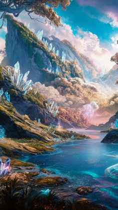 an artistic painting of mountains, water and trees