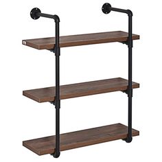 three tiered shelving unit with black pipe and wood shelves